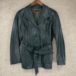 VTG Green‎ Leather Belted Jacket 15/16 Fitted Boho Indie Cottage Core Hippie